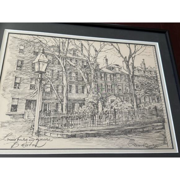 Framed Louisburg Square Boston Signed Drawing Print Art Ruzicka Style Historic - Picture 2 of 7